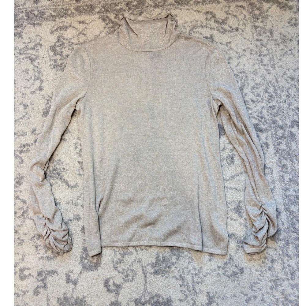 Vintage St John Couture Metallic Champagne Turtleneck Ruched Sleeve Knit Top M